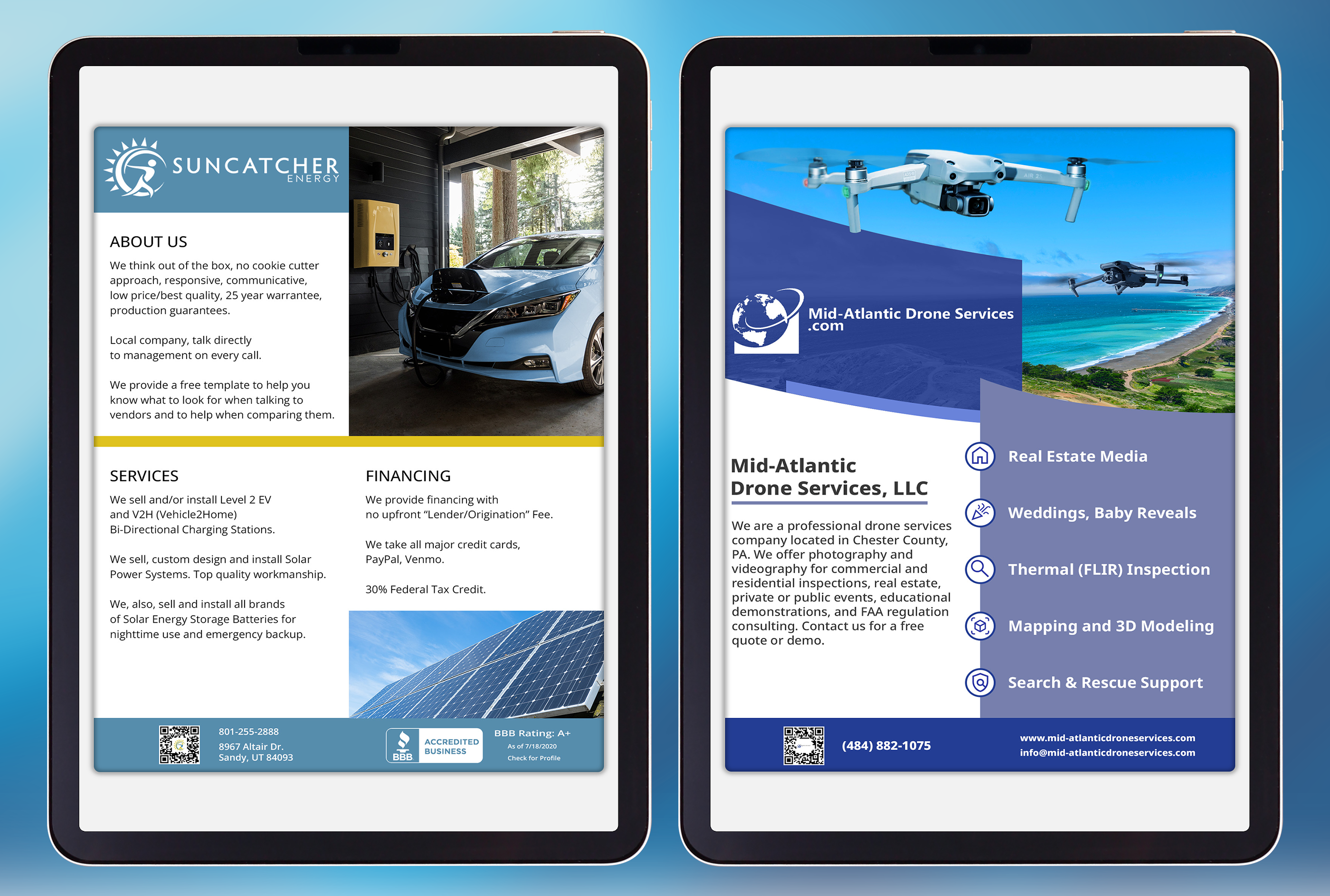 Sun Catcher Energy and Mid-Atlantic Drone Services.com adverts