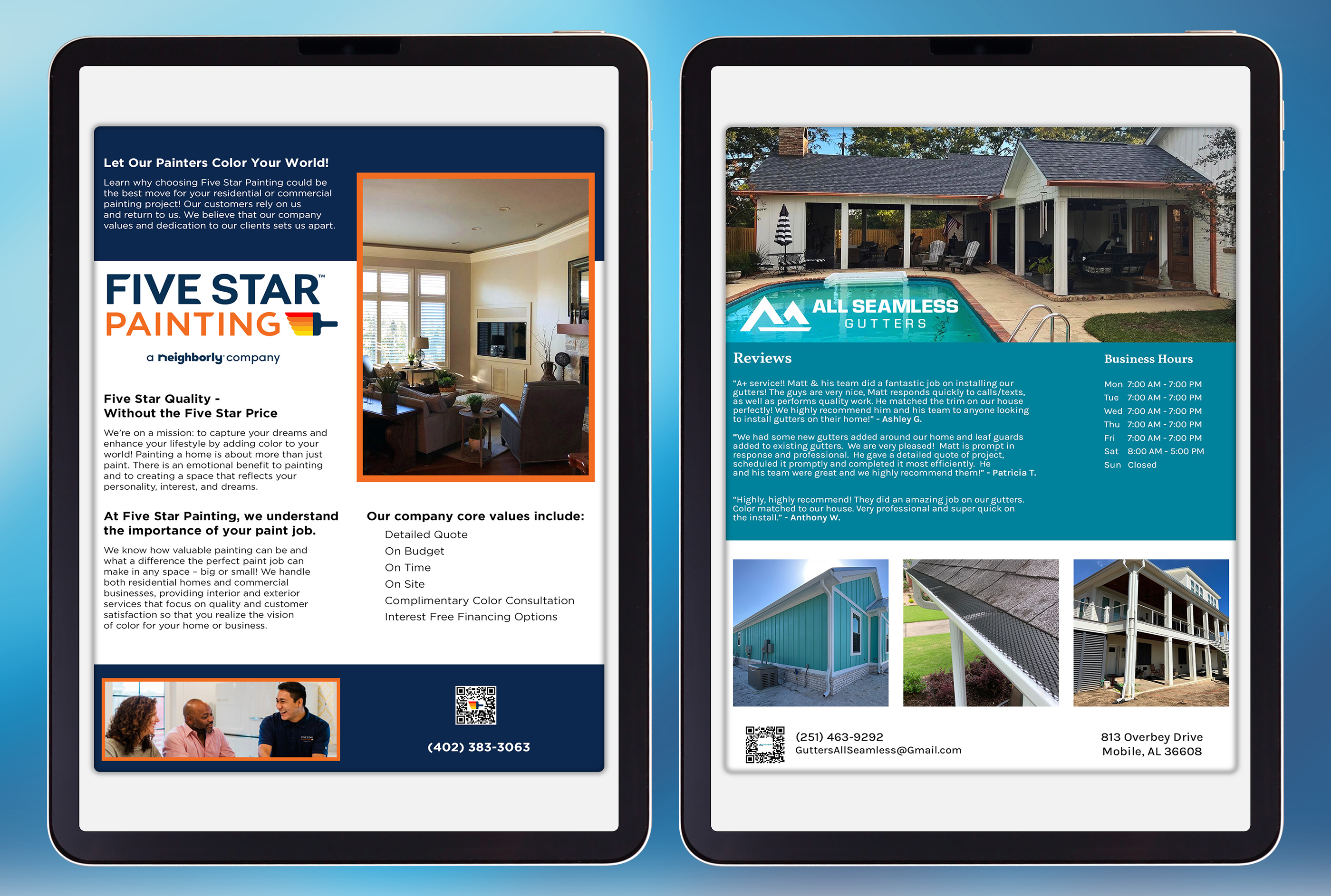 Five Star Painting and All Seamless Gutters adverts