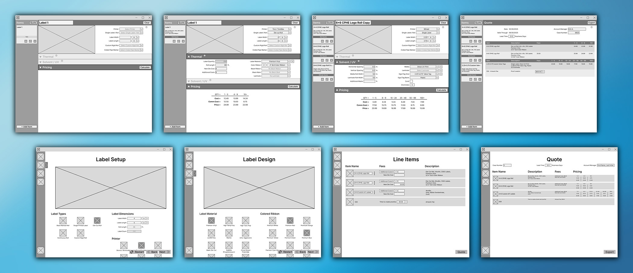 pricing tool wireframes